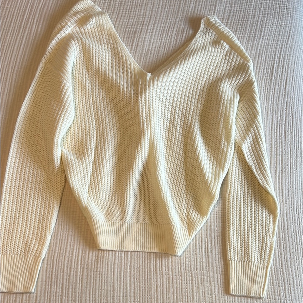 Fashion Nova Cream V-Neck Women's Sweater Open Back Design